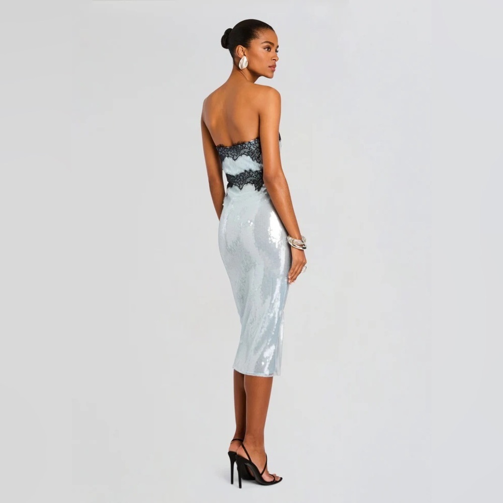 Retrofete Ellen Sequin Dress Midi Icy Blue Strapless - Picture 3 of 11